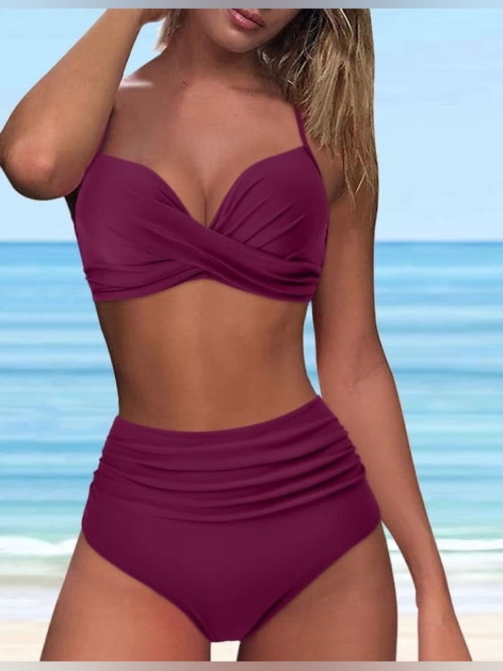 0057: Women’s High-Waist Twist Front Bikini Set - Wine